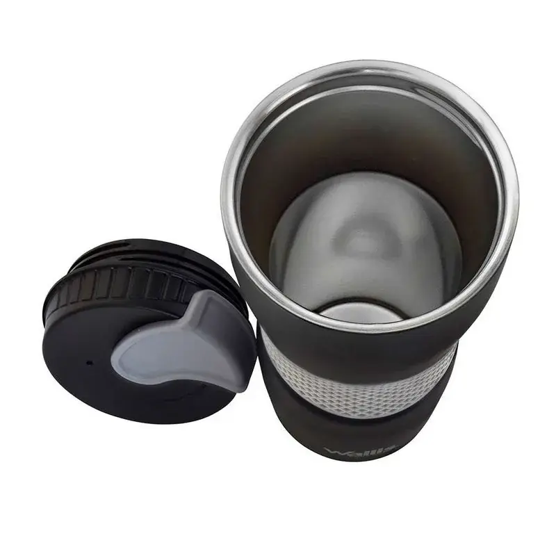 Vaso termico de acero inoxidable, con protector deslizante antiderrames, tapa rosca, 470 ml, color gris