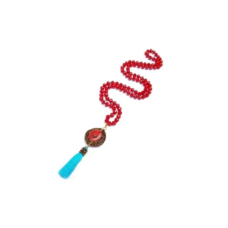 Collar de criSoundal rojo con dije de coral con borla