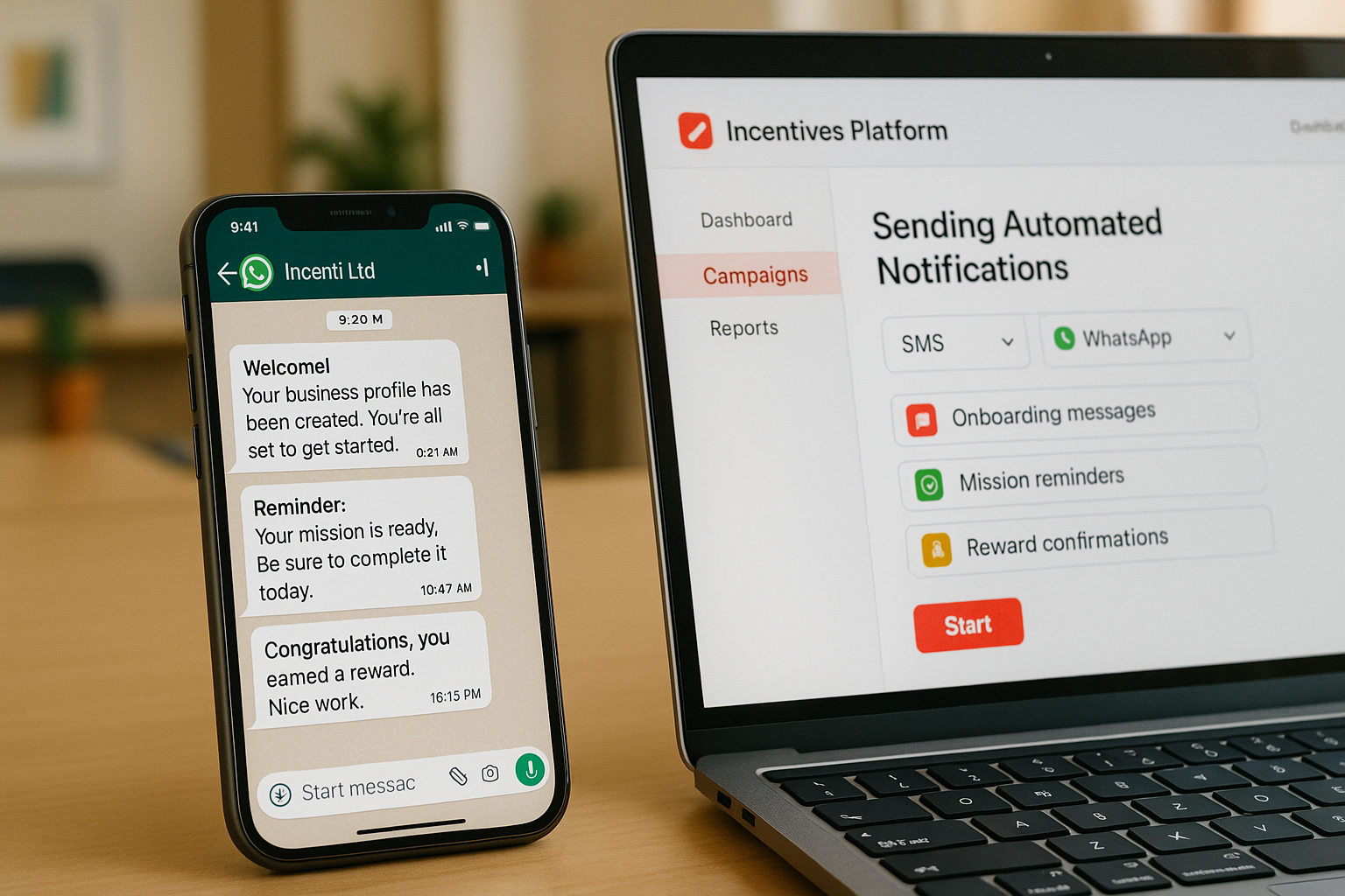 Smartphone con mensajes de WhatsApp Business de onboarding, misiones y confirmaciones junto a una laptop que muestra notificaciones SMS/WhatsApp de un programa de incentivos.